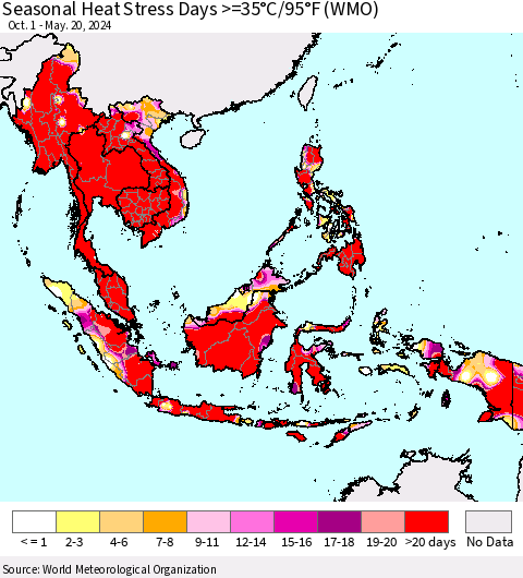 South East Asia Seasonal Heat Stress Days >=35°C/95°F (WMO) Thematic Map For 10/1/2023 - 5/20/2024