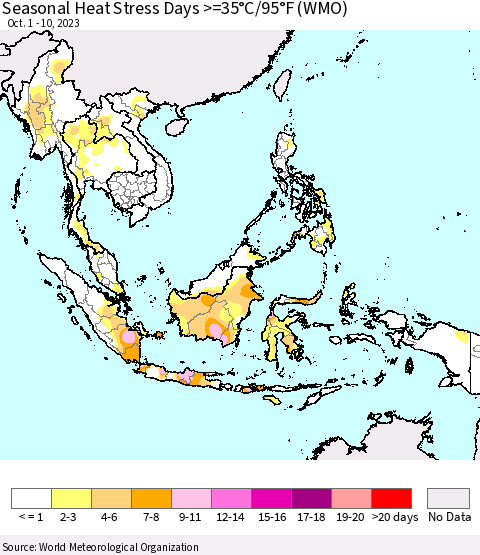 South East Asia Seasonal Heat Stress Days >=35°C/95°F (WMO) Thematic Map For 10/1/2023 - 10/10/2023
