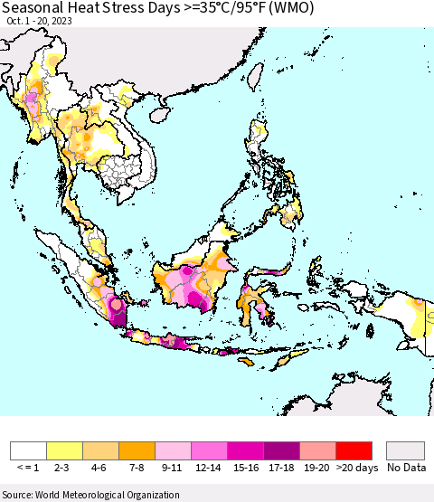 South East Asia Seasonal Heat Stress Days >=35°C/95°F (WMO) Thematic Map For 10/1/2023 - 10/20/2023