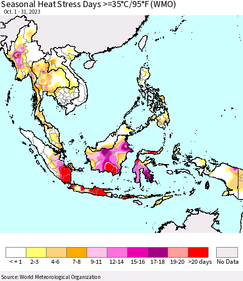 South East Asia Seasonal Heat Stress Days >=35°C/95°F (WMO) Thematic Map For 10/1/2023 - 10/31/2023