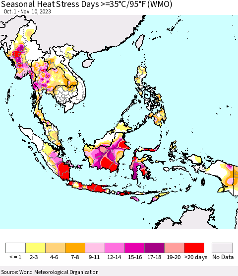 South East Asia Seasonal Heat Stress Days >=35°C/95°F (WMO) Thematic Map For 10/1/2023 - 11/10/2023
