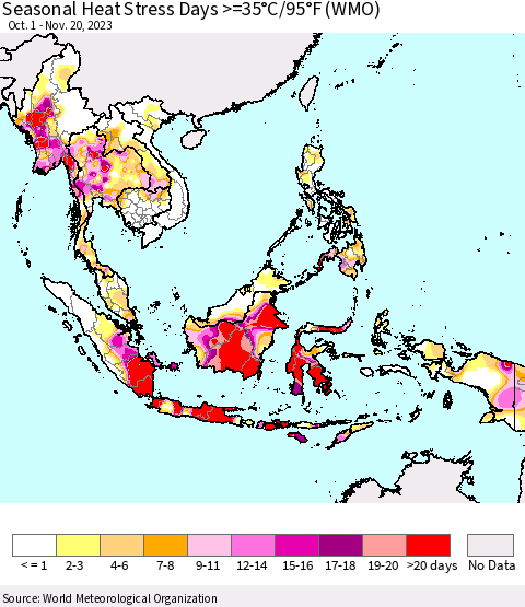 South East Asia Seasonal Heat Stress Days >=35°C/95°F (WMO) Thematic Map For 10/1/2023 - 11/20/2023