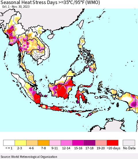 South East Asia Seasonal Heat Stress Days >=35°C/95°F (WMO) Thematic Map For 10/1/2023 - 11/30/2023