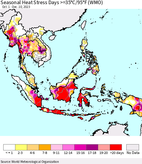 South East Asia Seasonal Heat Stress Days >=35°C/95°F (WMO) Thematic Map For 10/1/2023 - 12/10/2023