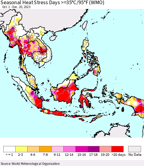 South East Asia Seasonal Heat Stress Days >=35°C/95°F (WMO) Thematic Map For 10/1/2023 - 12/20/2023