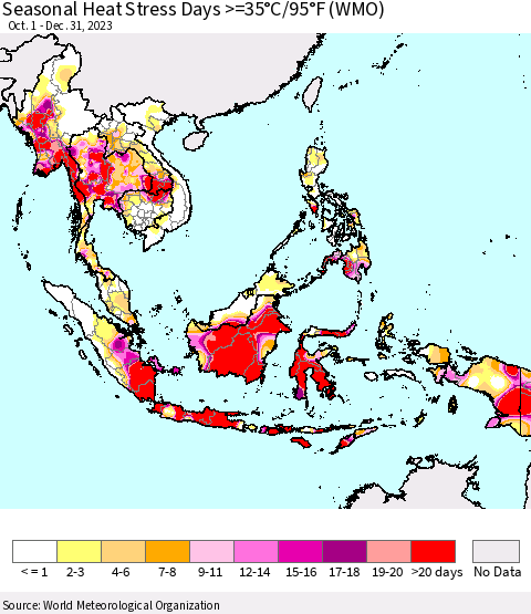 South East Asia Seasonal Heat Stress Days >=35°C/95°F (WMO) Thematic Map For 10/1/2023 - 12/31/2023