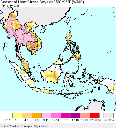 South East Asia Seasonal Heat Stress Days >=35°C/95°F (WMO) Thematic Map For 4/1/2024 - 4/10/2024