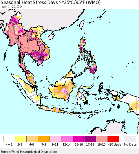 South East Asia Seasonal Heat Stress Days >=35°C/95°F (WMO) Thematic Map For 4/1/2024 - 4/20/2024