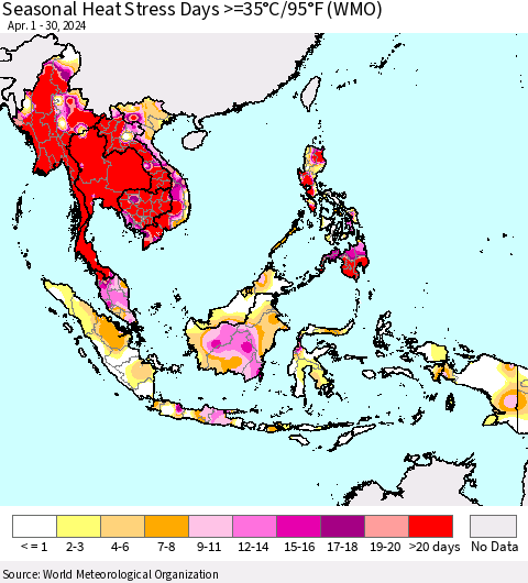 South East Asia Seasonal Heat Stress Days >=35°C/95°F (WMO) Thematic Map For 4/1/2024 - 4/30/2024