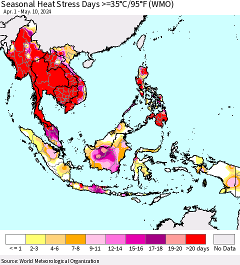 South East Asia Seasonal Heat Stress Days >=35°C/95°F (WMO) Thematic Map For 4/1/2024 - 5/10/2024