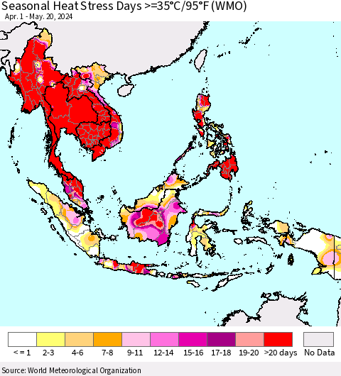 South East Asia Seasonal Heat Stress Days >=35°C/95°F (WMO) Thematic Map For 4/1/2024 - 5/20/2024