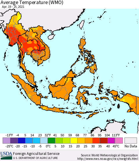 South East Asia Average Temperature (WMO) Thematic Map For 4/19/2021 - 4/25/2021