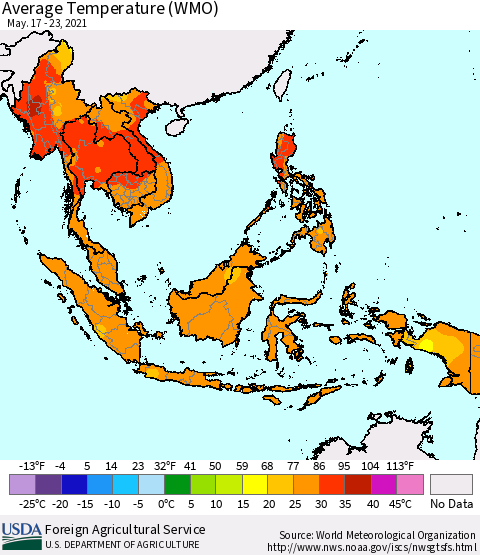 South East Asia Average Temperature (WMO) Thematic Map For 5/17/2021 - 5/23/2021