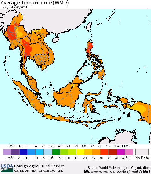South East Asia Average Temperature (WMO) Thematic Map For 5/24/2021 - 5/30/2021