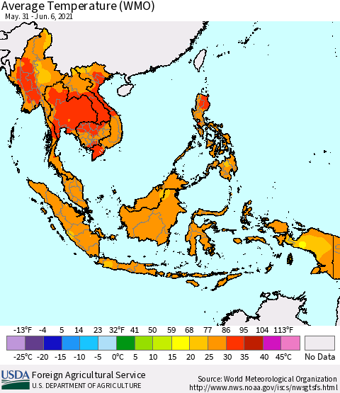 South East Asia Average Temperature (WMO) Thematic Map For 5/31/2021 - 6/6/2021