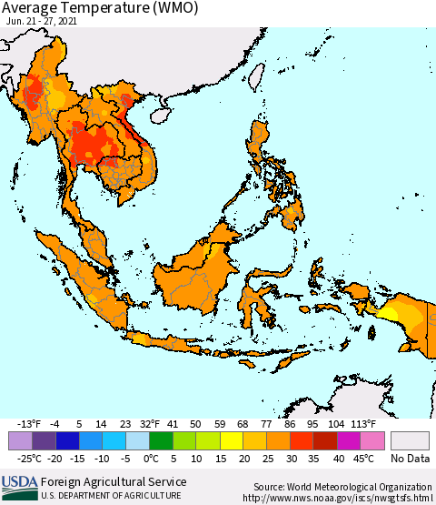 South East Asia Average Temperature (WMO) Thematic Map For 6/21/2021 - 6/27/2021
