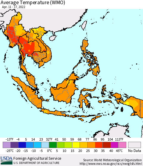 South East Asia Average Temperature (WMO) Thematic Map For 4/11/2022 - 4/17/2022