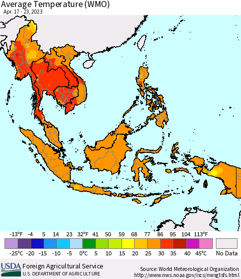 South East Asia Average Temperature (WMO) Thematic Map For 4/17/2023 - 4/23/2023
