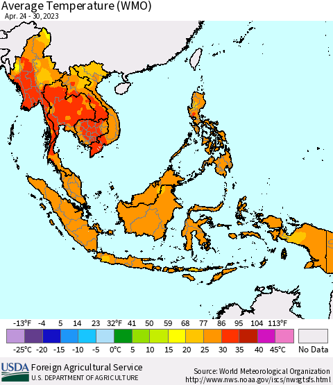 South East Asia Average Temperature (WMO) Thematic Map For 4/24/2023 - 4/30/2023