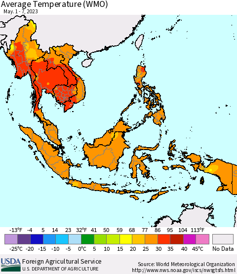 South East Asia Average Temperature (WMO) Thematic Map For 5/1/2023 - 5/7/2023