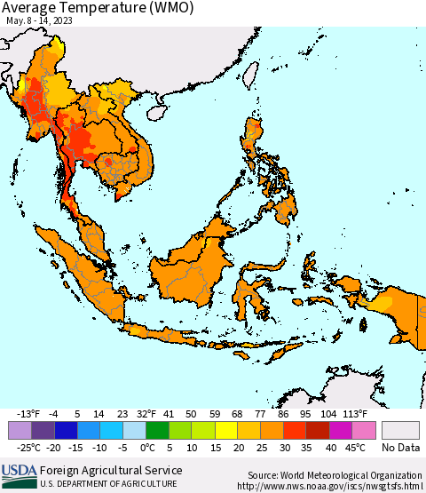 South East Asia Average Temperature (WMO) Thematic Map For 5/8/2023 - 5/14/2023