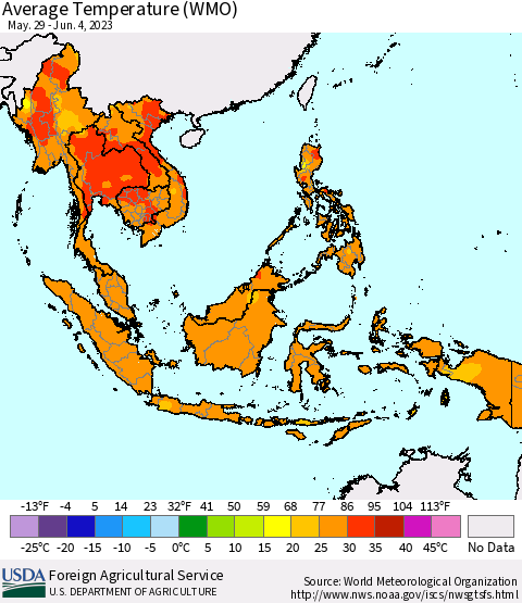 South East Asia Average Temperature (WMO) Thematic Map For 5/29/2023 - 6/4/2023