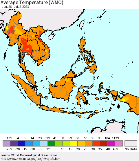 South East Asia Average Temperature (WMO) Thematic Map For 6/26/2023 - 7/2/2023