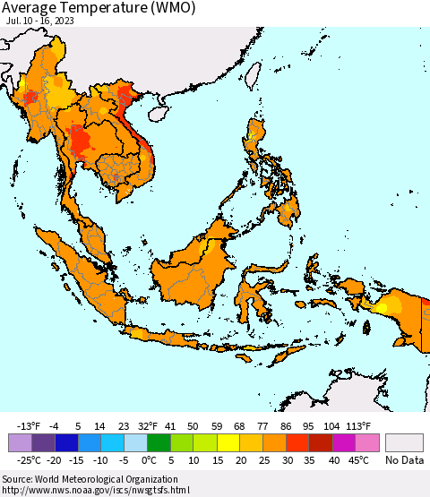 South East Asia Average Temperature (WMO) Thematic Map For 7/10/2023 - 7/16/2023