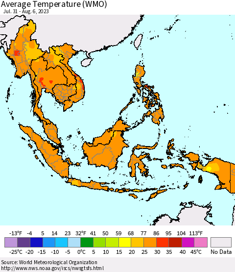 South East Asia Average Temperature (WMO) Thematic Map For 7/31/2023 - 8/6/2023
