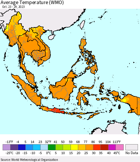 South East Asia Average Temperature (WMO) Thematic Map For 10/23/2023 - 10/29/2023