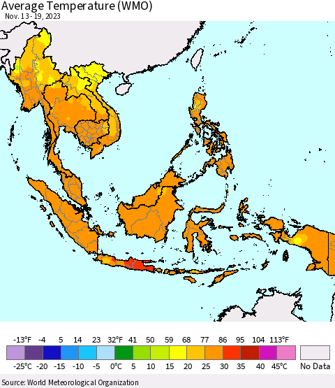South East Asia Average Temperature (WMO) Thematic Map For 11/13/2023 - 11/19/2023