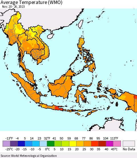 South East Asia Average Temperature (WMO) Thematic Map For 11/20/2023 - 11/26/2023