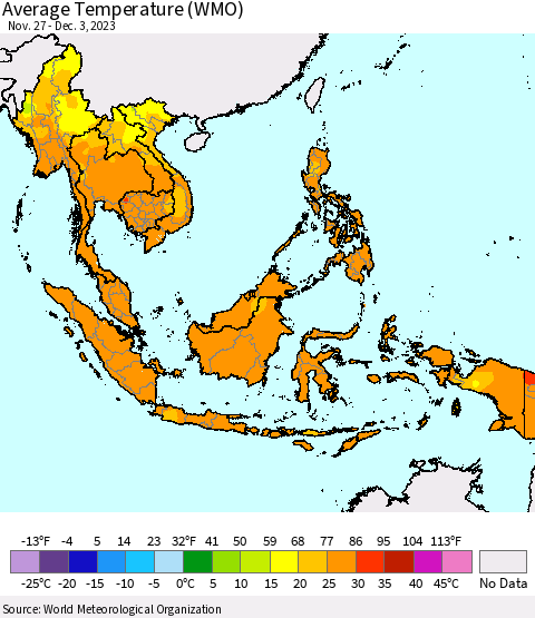 South East Asia Average Temperature (WMO) Thematic Map For 11/27/2023 - 12/3/2023
