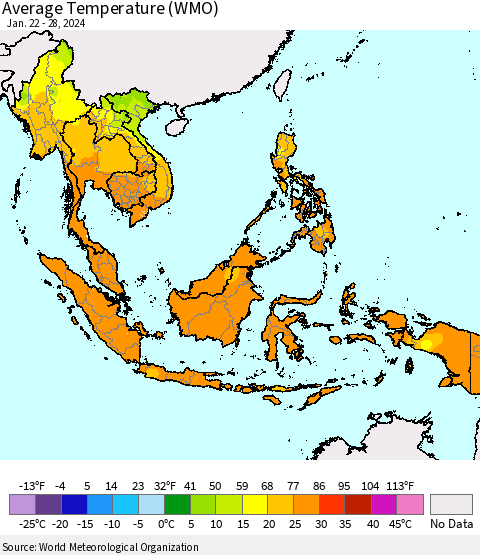 South East Asia Average Temperature (WMO) Thematic Map For 1/22/2024 - 1/28/2024