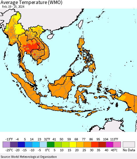 South East Asia Average Temperature (WMO) Thematic Map For 2/19/2024 - 2/25/2024