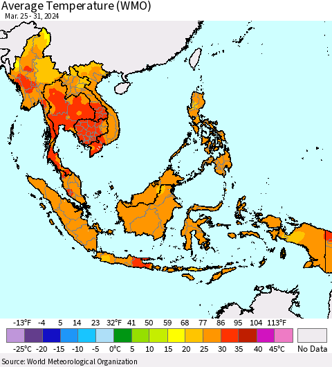 South East Asia Average Temperature (WMO) Thematic Map For 3/25/2024 - 3/31/2024