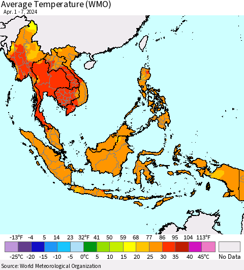 South East Asia Average Temperature (WMO) Thematic Map For 4/1/2024 - 4/7/2024