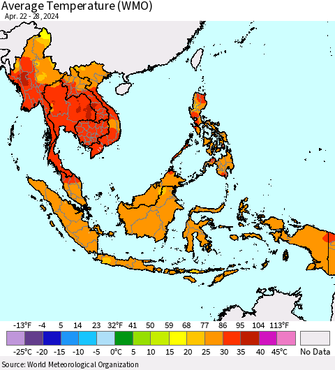 South East Asia Average Temperature (WMO) Thematic Map For 4/22/2024 - 4/28/2024