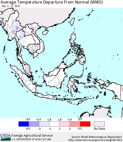 South East Asia Average Temperature Departure from Normal (WMO) Thematic Map For 4/5/2021 - 4/11/2021