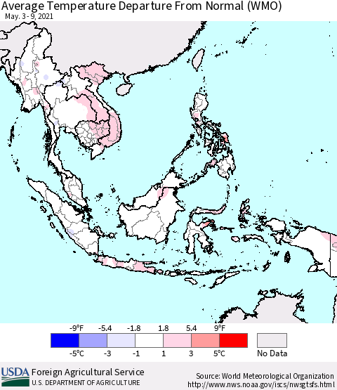 South East Asia Average Temperature Departure from Normal (WMO) Thematic Map For 5/3/2021 - 5/9/2021