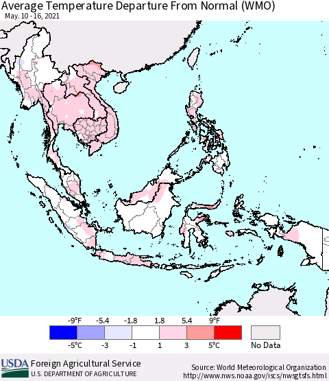 South East Asia Average Temperature Departure from Normal (WMO) Thematic Map For 5/10/2021 - 5/16/2021