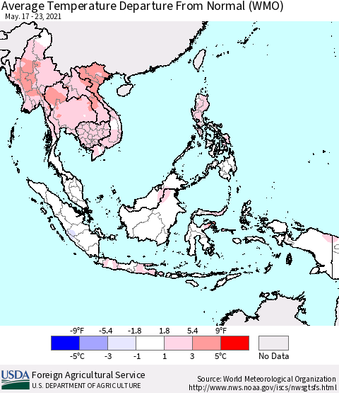 South East Asia Average Temperature Departure from Normal (WMO) Thematic Map For 5/17/2021 - 5/23/2021