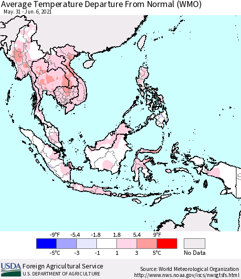 South East Asia Average Temperature Departure from Normal (WMO) Thematic Map For 5/31/2021 - 6/6/2021
