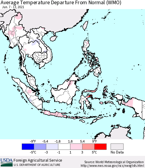 South East Asia Average Temperature Departure from Normal (WMO) Thematic Map For 6/7/2021 - 6/13/2021