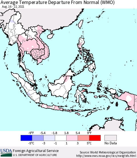 South East Asia Average Temperature Departure from Normal (WMO) Thematic Map For 8/16/2021 - 8/22/2021
