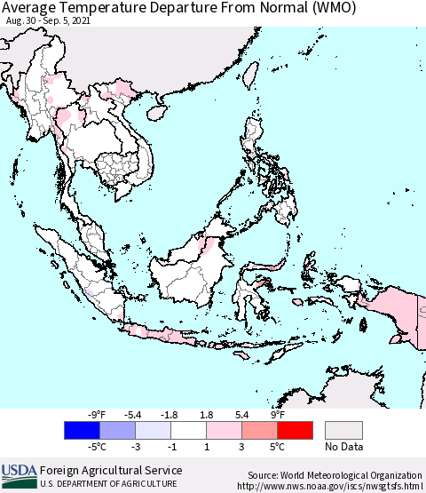 South East Asia Average Temperature Departure from Normal (WMO) Thematic Map For 8/30/2021 - 9/5/2021
