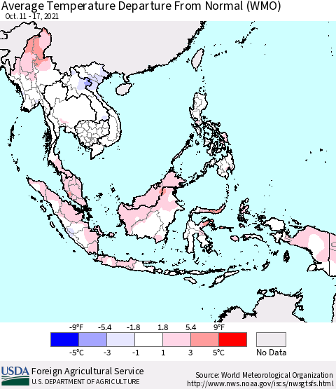 South East Asia Average Temperature Departure from Normal (WMO) Thematic Map For 10/11/2021 - 10/17/2021