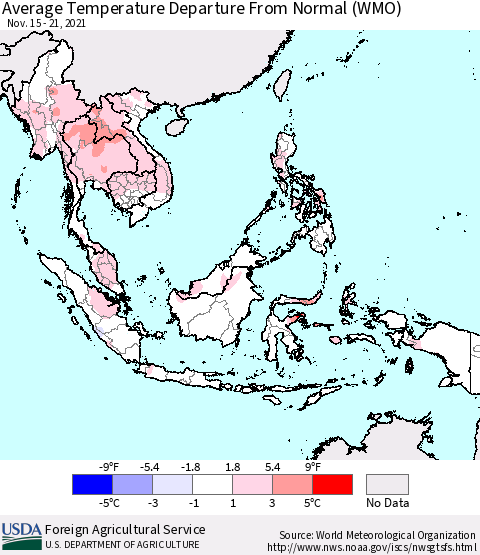 South East Asia Average Temperature Departure from Normal (WMO) Thematic Map For 11/15/2021 - 11/21/2021