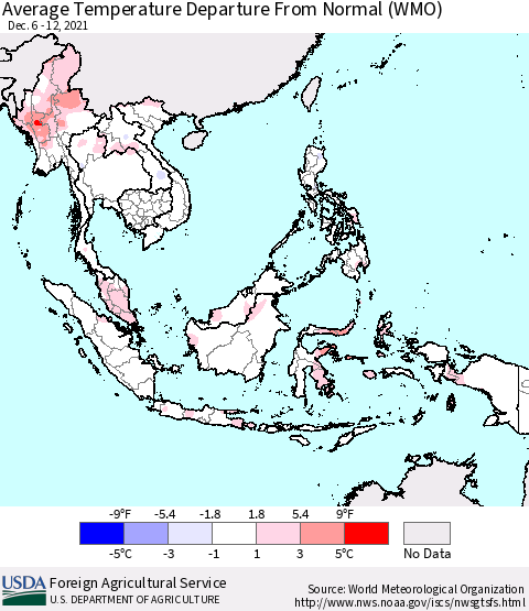 South East Asia Average Temperature Departure from Normal (WMO) Thematic Map For 12/6/2021 - 12/12/2021
