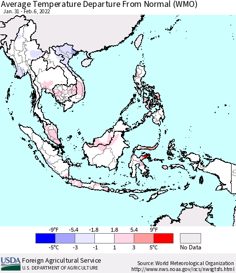 South East Asia Average Temperature Departure from Normal (WMO) Thematic Map For 1/31/2022 - 2/6/2022
